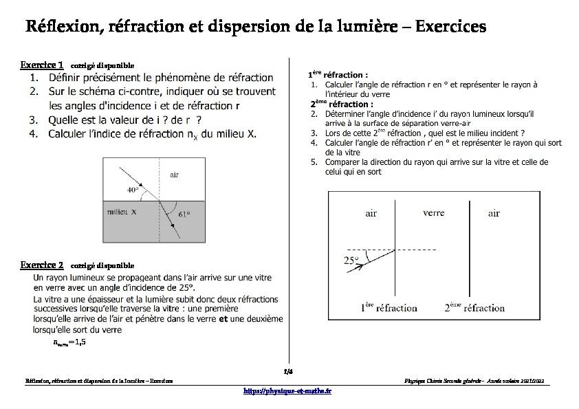 [PDF] Réflexion réfraction et dispersion de la lumière - Exercices