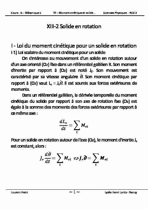 XIII-2 Solide en rotation I - Loi du moment cinétique pour un solide