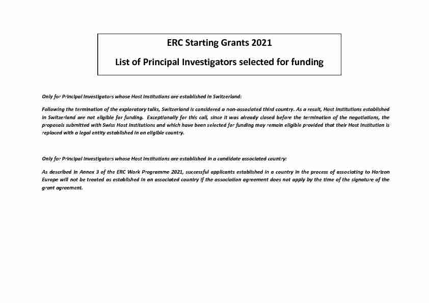 ERC Starting Grants 2021 List of Principal Investigators selected for