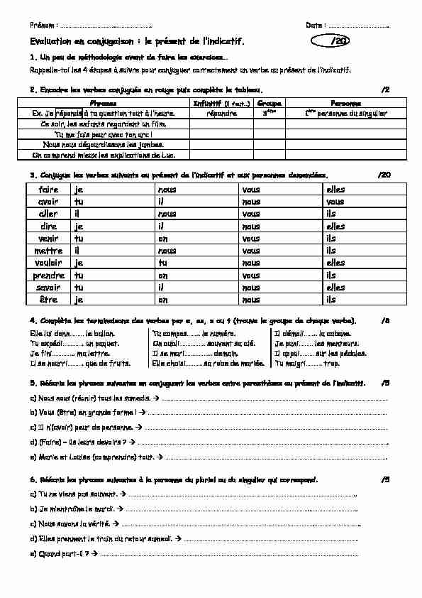 [PDF] Evaluation en conjugaison : le présent de lindicatif /20 faire je nous