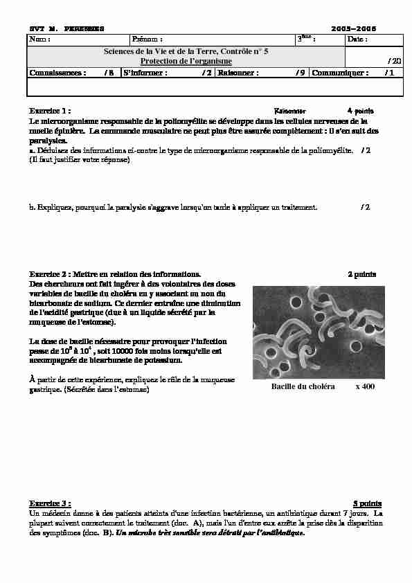 [PDF] SVT M PERENNES 2005-2006 Nom : Prénom : 3 : Date : Sciences