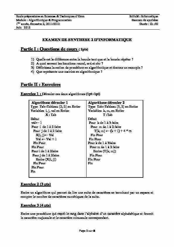 [PDF] Partie I : Questions de cours ( 2pts) Partie II : Exercices
