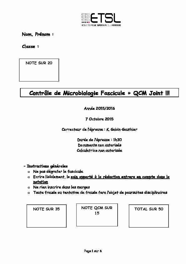 [PDF] Contrôle de Microbiologie Fascicule   QCM Joint