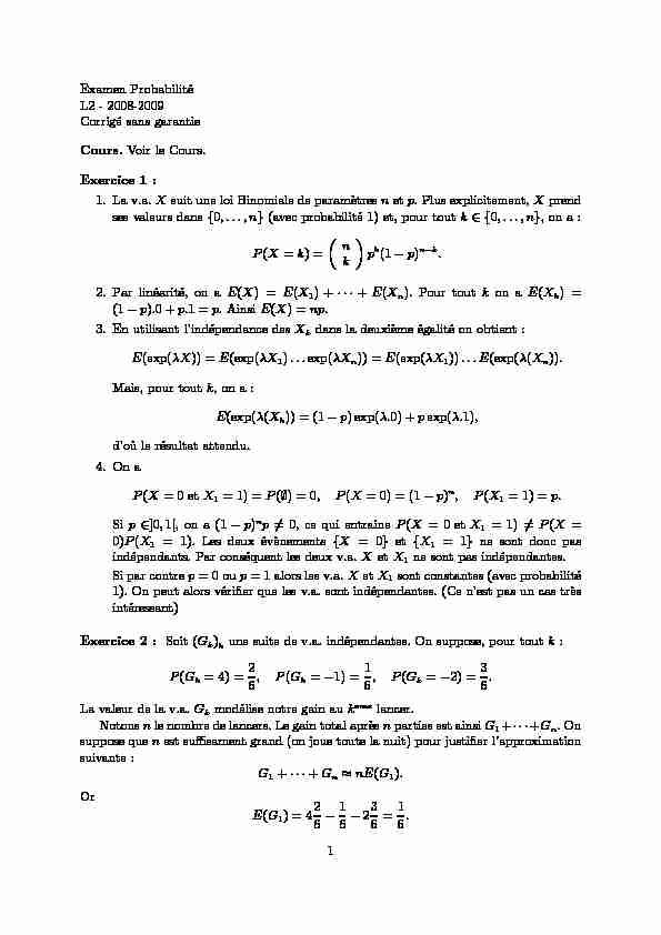 [PDF] Examen Probabilité L2 - 2008-2009 Corrigé sans garantie Cours