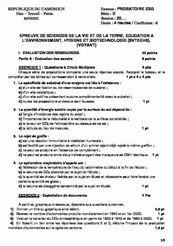 REPUBLIQUE DU CAMEROUN Examen : PROBATOIRE ESG Paix