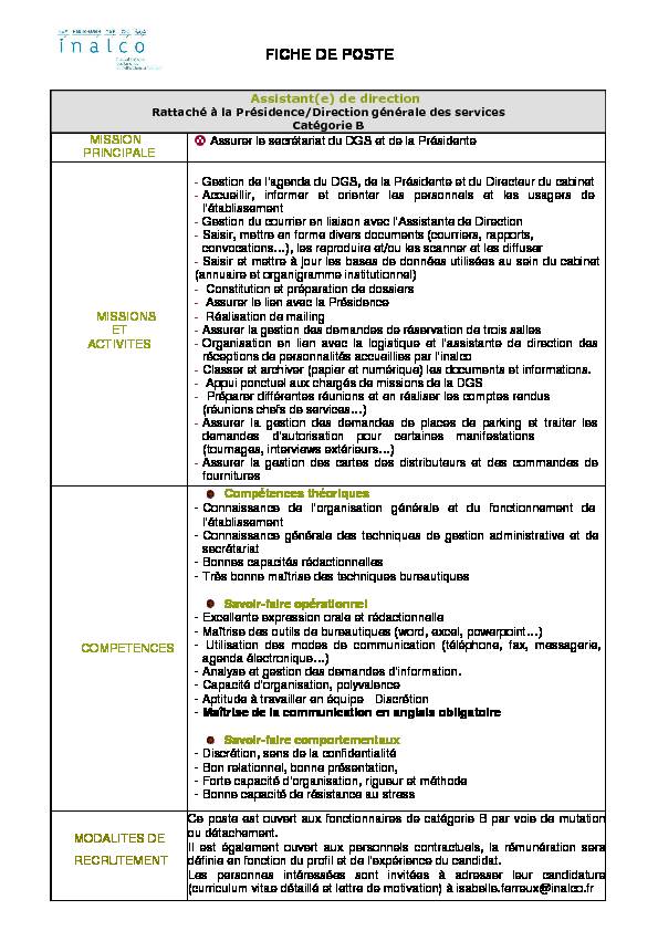 [PDF] Fiche de poste assistant de direction - Inalco