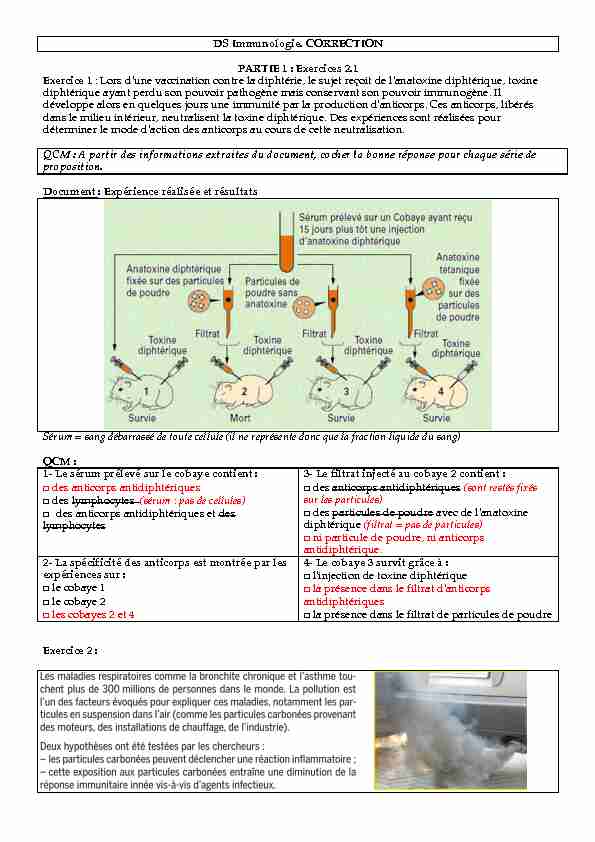 DS Immunologie. CORRECTION PARTIE 1 : Exercices 2.1 Exercice