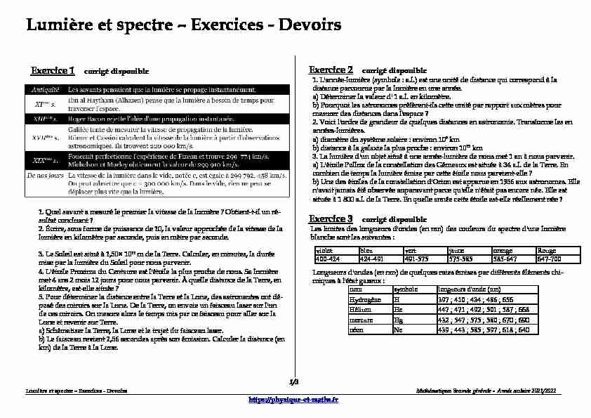 Seconde générale - Lumière et spectre - Exercices - Devoirs
