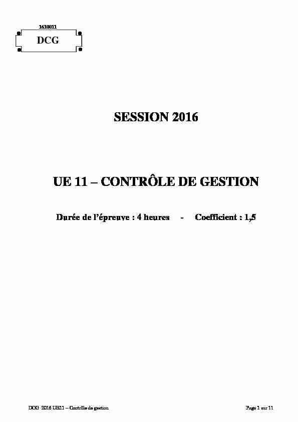 SESSION 2016 UE 11 – CONTRÔLE DE GESTION