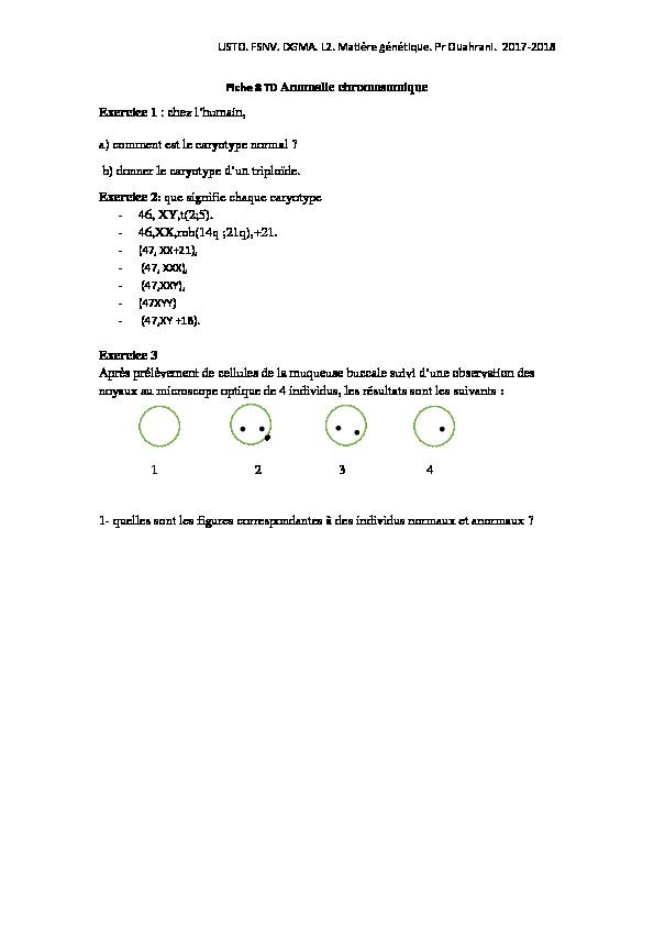 [PDF] Fiche 8 TD Anomalie chromosomique Exercice 1 - USTO