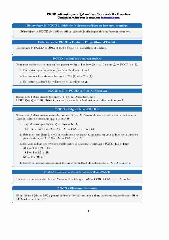 PGCD arithmétique - Spé maths - Terminale S : Exercices Corrigés