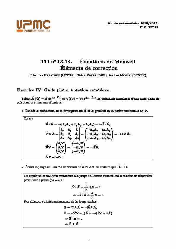 TD no 13-14. Équations de Maxwell Éléments de correction