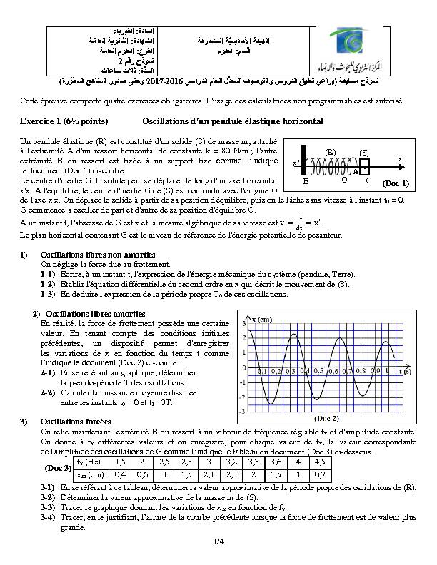 [PDF] Exercice 1 (6½ points) Oscillations dun pendule élastique horizontal