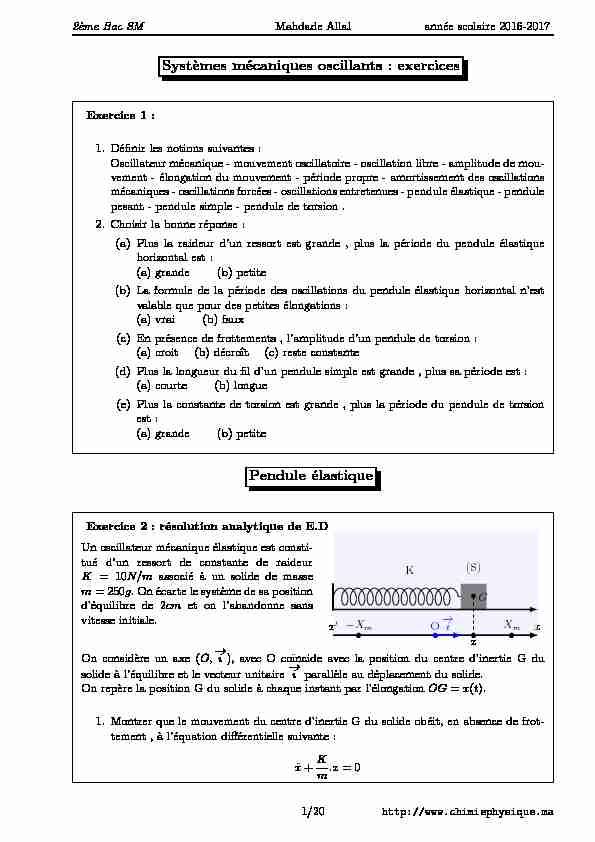 [PDF] exercices Pendule élastique - ChimiePhysiquema