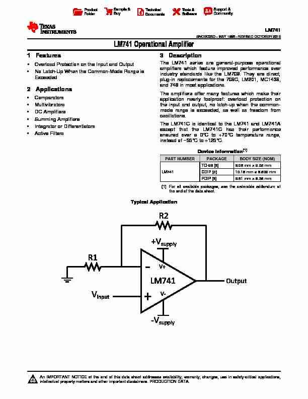 LM741 Operational Amplifier datasheet (Rev. D)