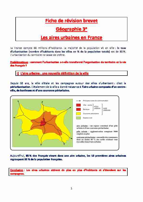 Fiche de révision brevet Géographie 3e Les aires urbaines en France