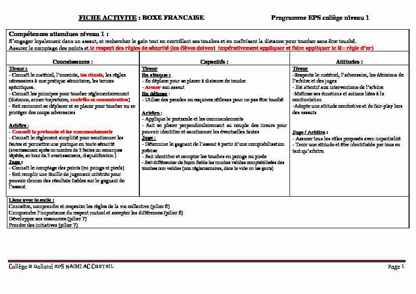 FICHE ACTIVITE : BOXE FRANCAISE Programme EPS collège