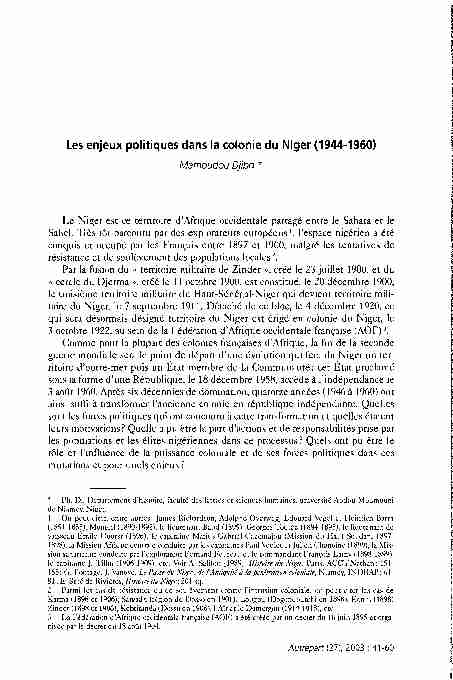 Les enjeux politiques dans la colonie du Niger (1944-1960)