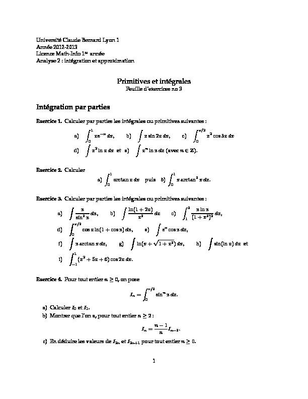 [PDF] Primitives et intégrales Intégration par parties - Université Claude