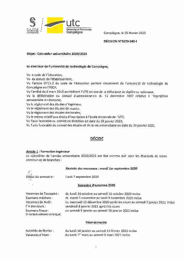 [PDF] 2020–045‑i calendrier universitaire utc 2020–2021 - UTC Compiègne