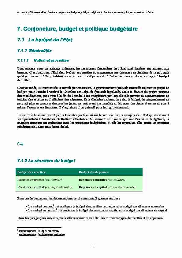 7. Conjoncture budget et politique budgétaire - 7.1 Le budget de lEtat