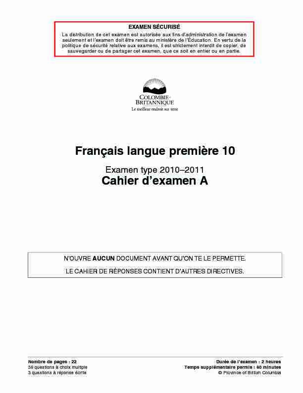 Français langue première 10 Cahier dexamen A