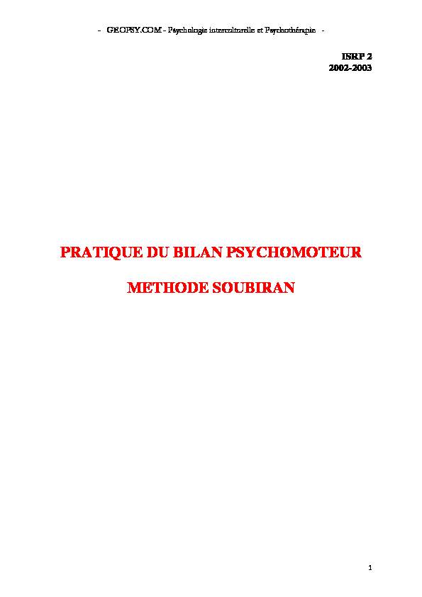 pdf PRATIQUE DU BILAN PSYCHOMOTEUR METHODE SOUBIRAN - Geopsy