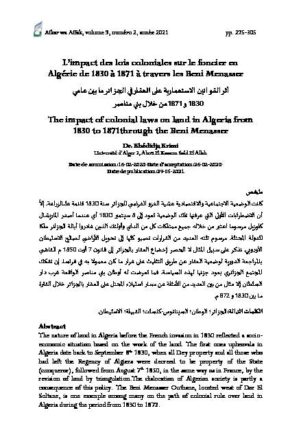 Limpact des lois coloniales sur le foncier en Algérie de 1830 à 1871