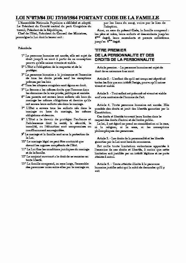 [PDF] LOI N°073-84 DU 17-10-1984 PORTANT CODE DE LA FAMILLE