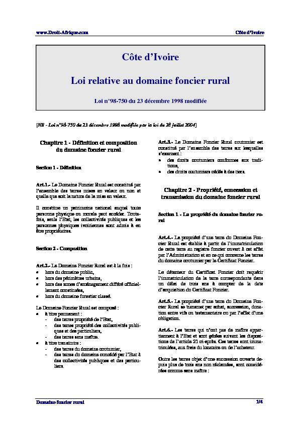 Côte dIvoire Loi relative au domaine foncier rural