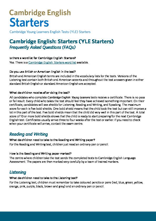 Starters (YLE Starters) - Cambridge English