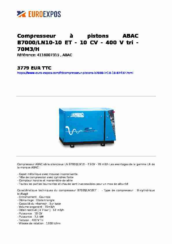Compresseur à pistons ABAC B7000/LN10-10 ET - 10 CV - 400 V tri