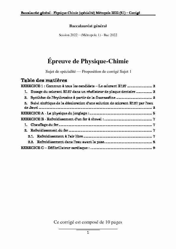 Corrigé du bac Spécialité Physique-Chimie 2022 - Métropole-1