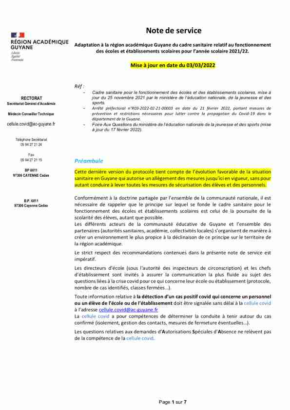 protocole sanitaire adapté académie Guyane version du 03 mars 2022