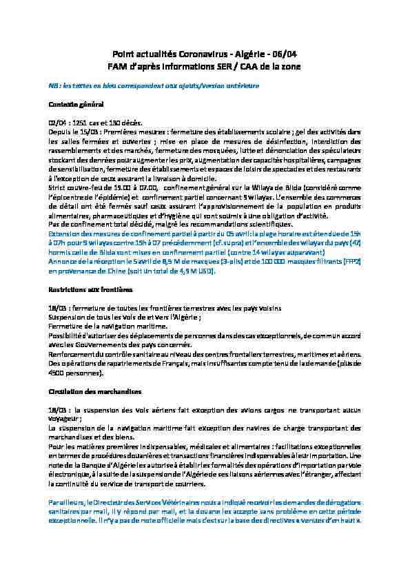 Point actualités Coronavirus - Algérie - 06/04 FAM daprès