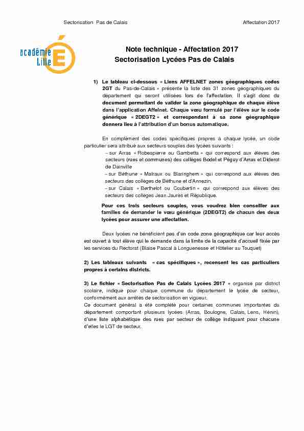 Note technique - Affectation 2017 Sectorisation Lycées Pas de Calais