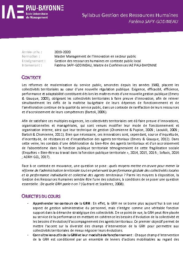Syllabus Gestion des Ressources Humaines