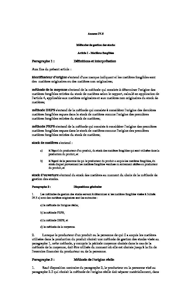 Annexe IV.5 Méthodes de gestion des stocks Article I - Matières