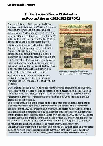 Focus : les archives de lambassade de France à Alger - 1962-1982