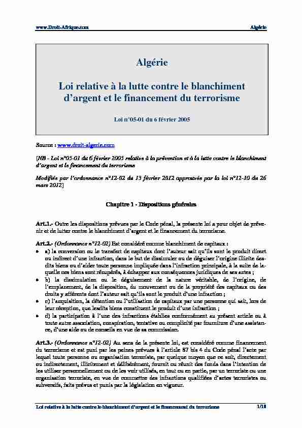 Algérie Loi relative à la lutte contre le blanchiment dargent et le