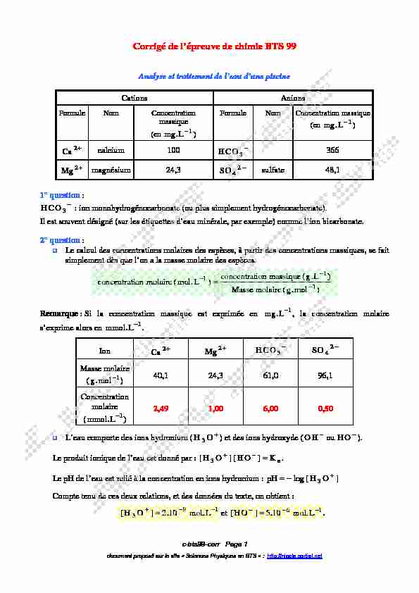 Corrigé de lépreuve de chimie BTS 99 - Analyse et traitement de l