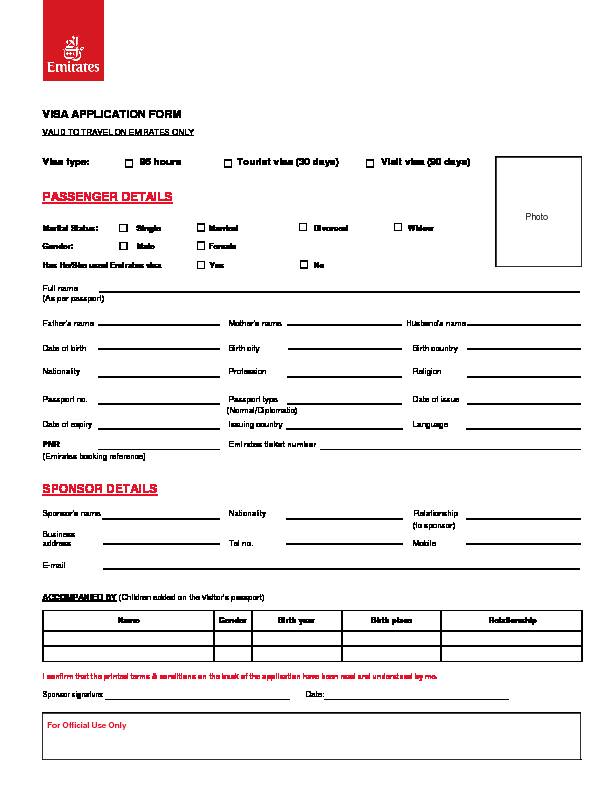 UAE Visa application form - Dubai