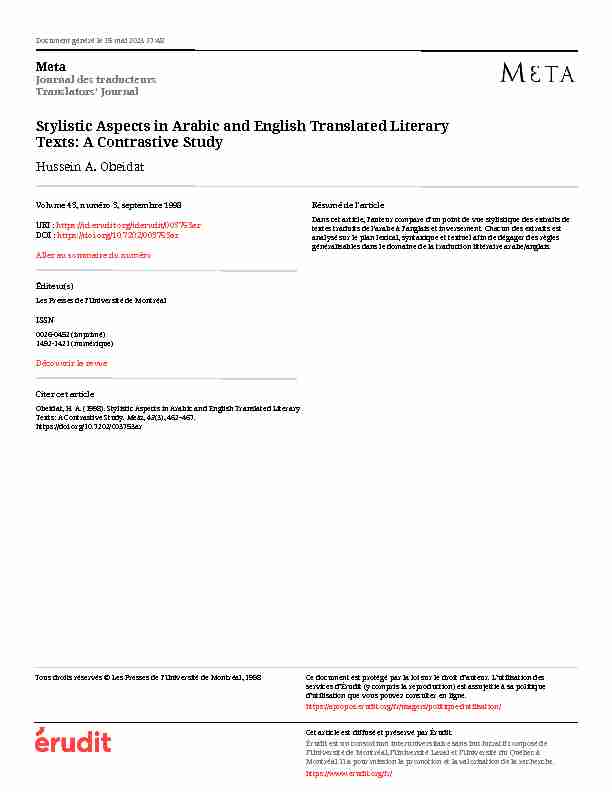 Stylistic Aspects in Arabic and English Translated Literary Texts: A