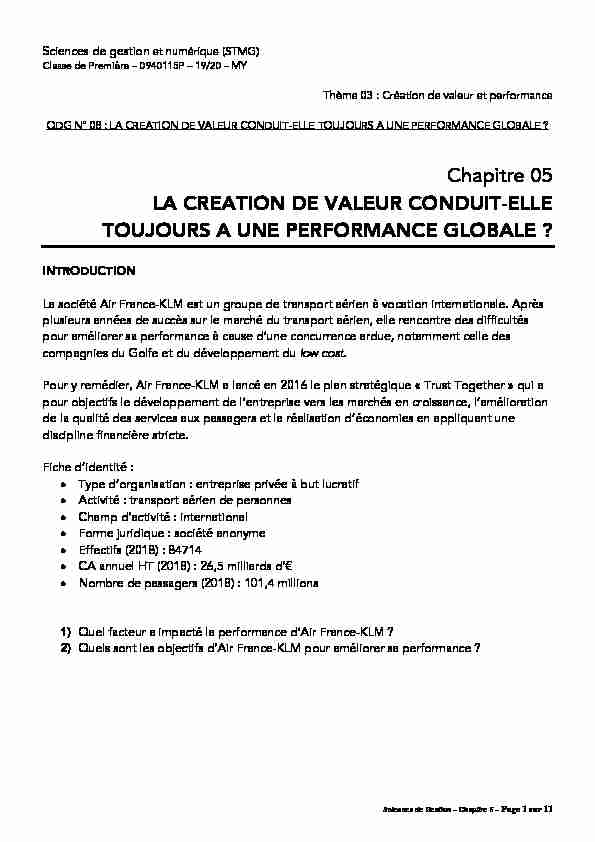 Chapitre 05 LA CREATION DE VALEUR CONDUIT-ELLE