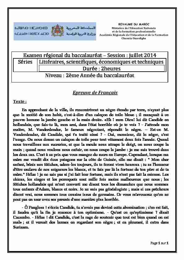 Examen régional du baccalauréat – Session : juillet 2014 Séries