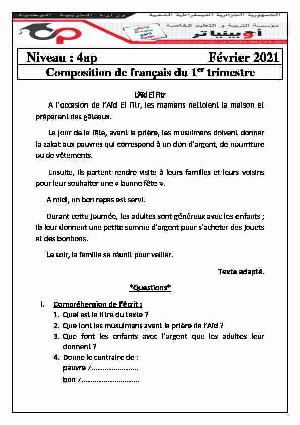 [PDF] Niveau : 4ap Février 2021 - Ecole Opiniatre