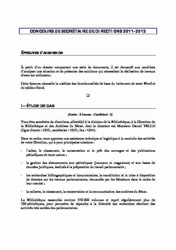 CONCOURS DE SECRÉTAIRE DE DIRECTIONS 2011  - Sénat