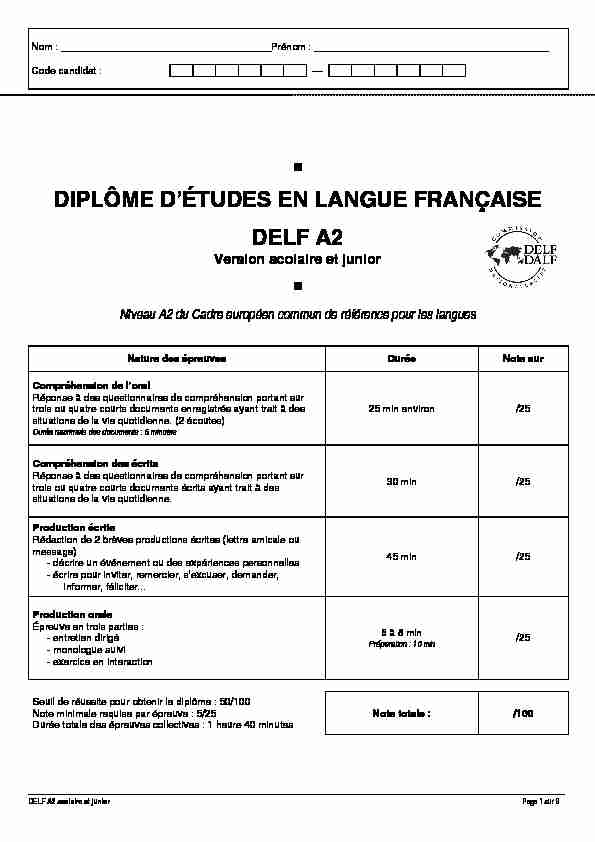 DIPLÔME DÉTUDES EN LANGUE FRANÇAISE DELF A2