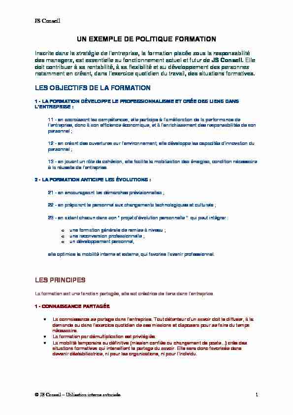[PDF] UN EXEMPLE DE POLITIQUE FORMATION - JS Conseil