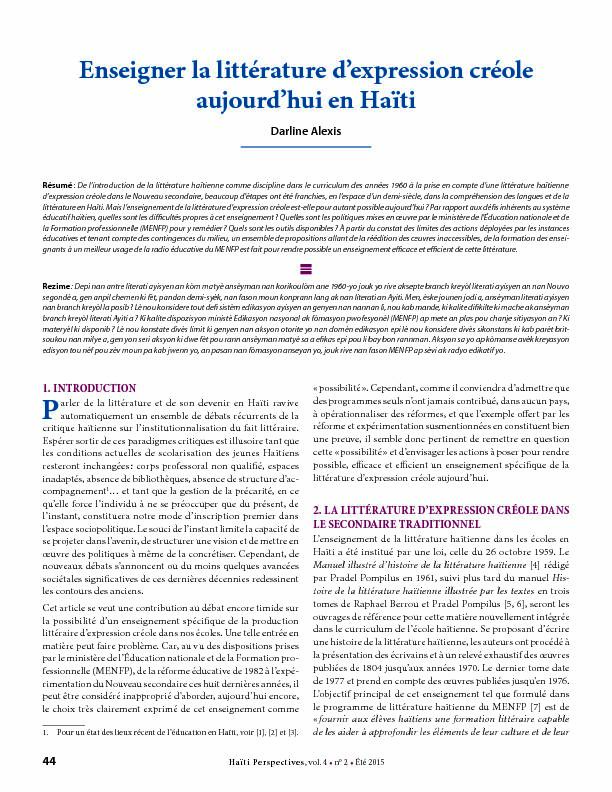 Enseigner la littérature dexpression créole aujourdhui en Haïti